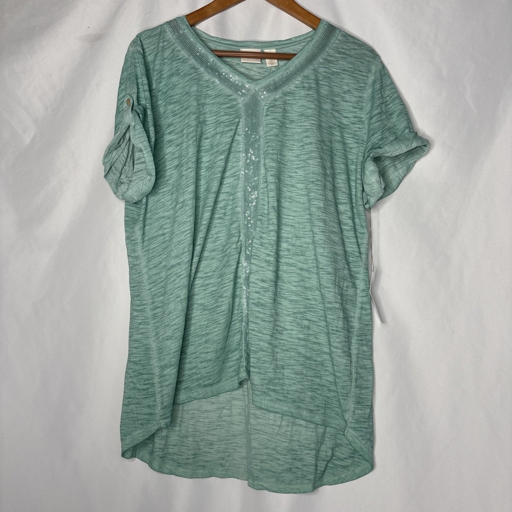 Chico's Women's 3 (16) Sequin Dusty Mint Green V Neck Short Sleeve Tee-Shirt NEW